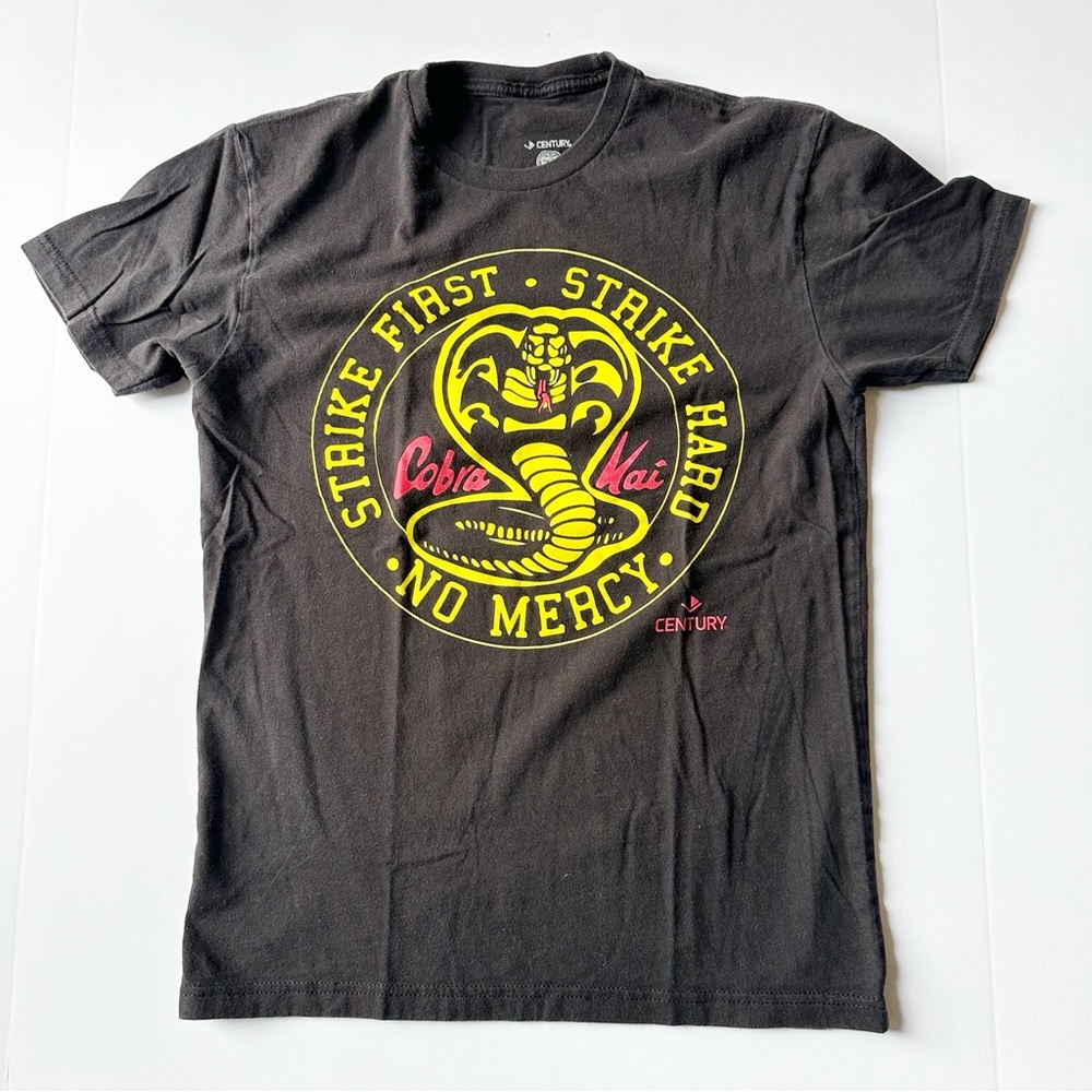 Century Cobra Kai black small tee Strike First Strike Hard No Mercy